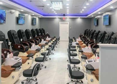 Chic pedicure chairs at Epic Nail Bar, Orleans, Massachusetts, US, offering a luxurious pampering experience.