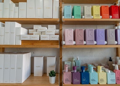 Shelves of top haircare products at Solasta Hair Boutique, Scarborough, Western Australia, AU.
