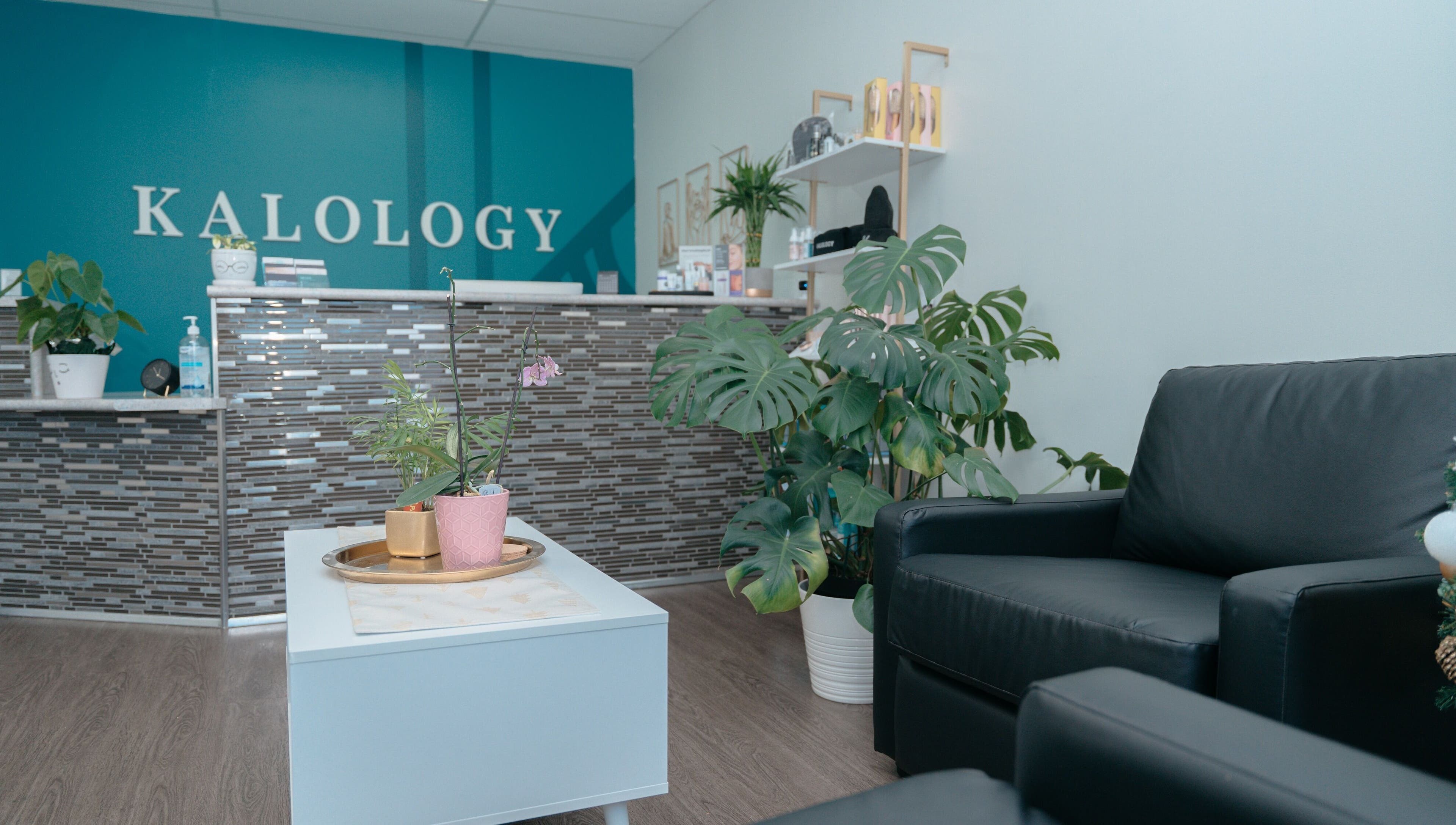 Cozy reception area at KALOLOGY, Winnipeg, Manitoba, CA, featuring modern decor and lush plants.