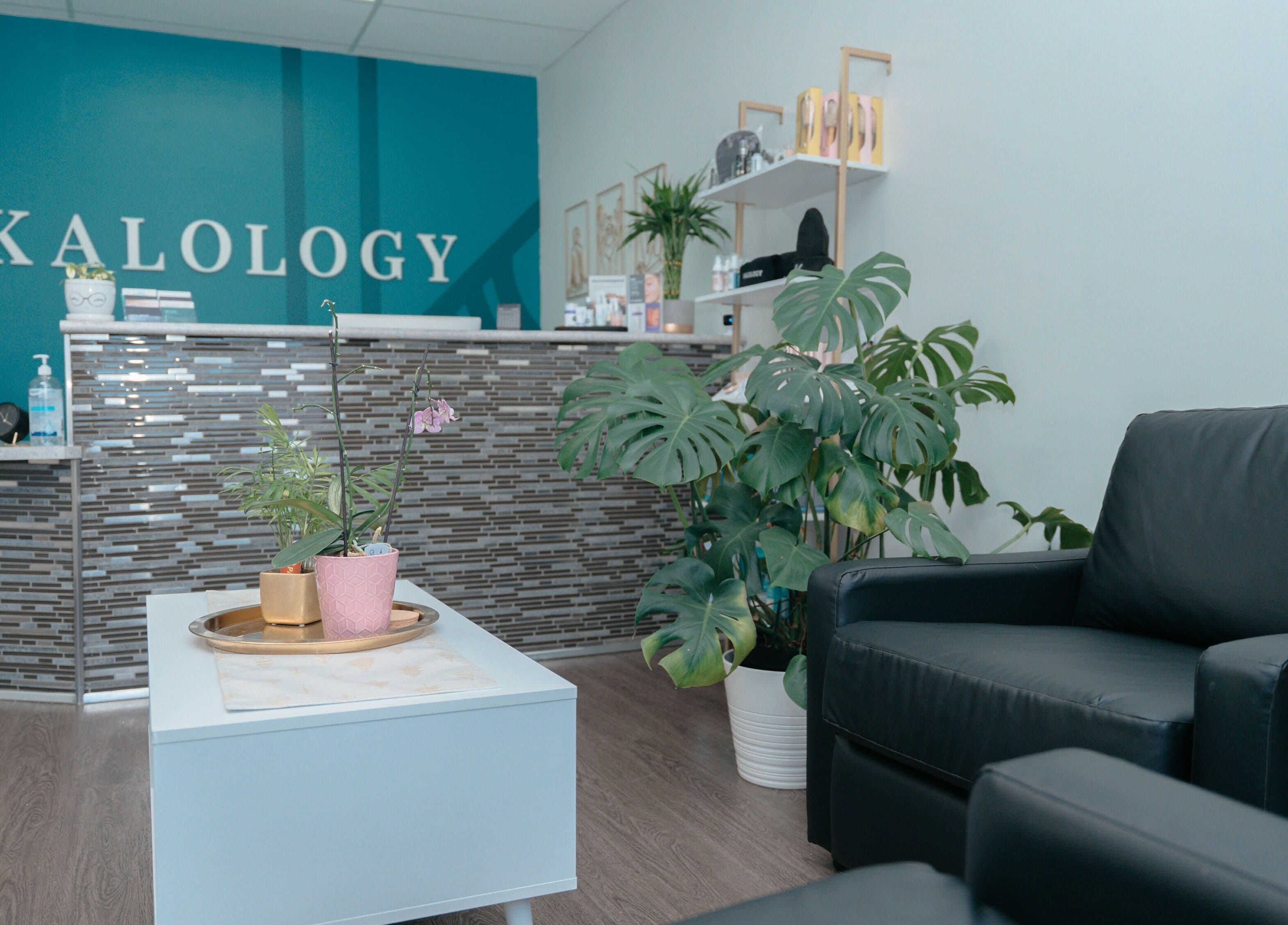 Cozy reception area at KALOLOGY, Winnipeg, Manitoba, CA, featuring modern decor and lush plants.