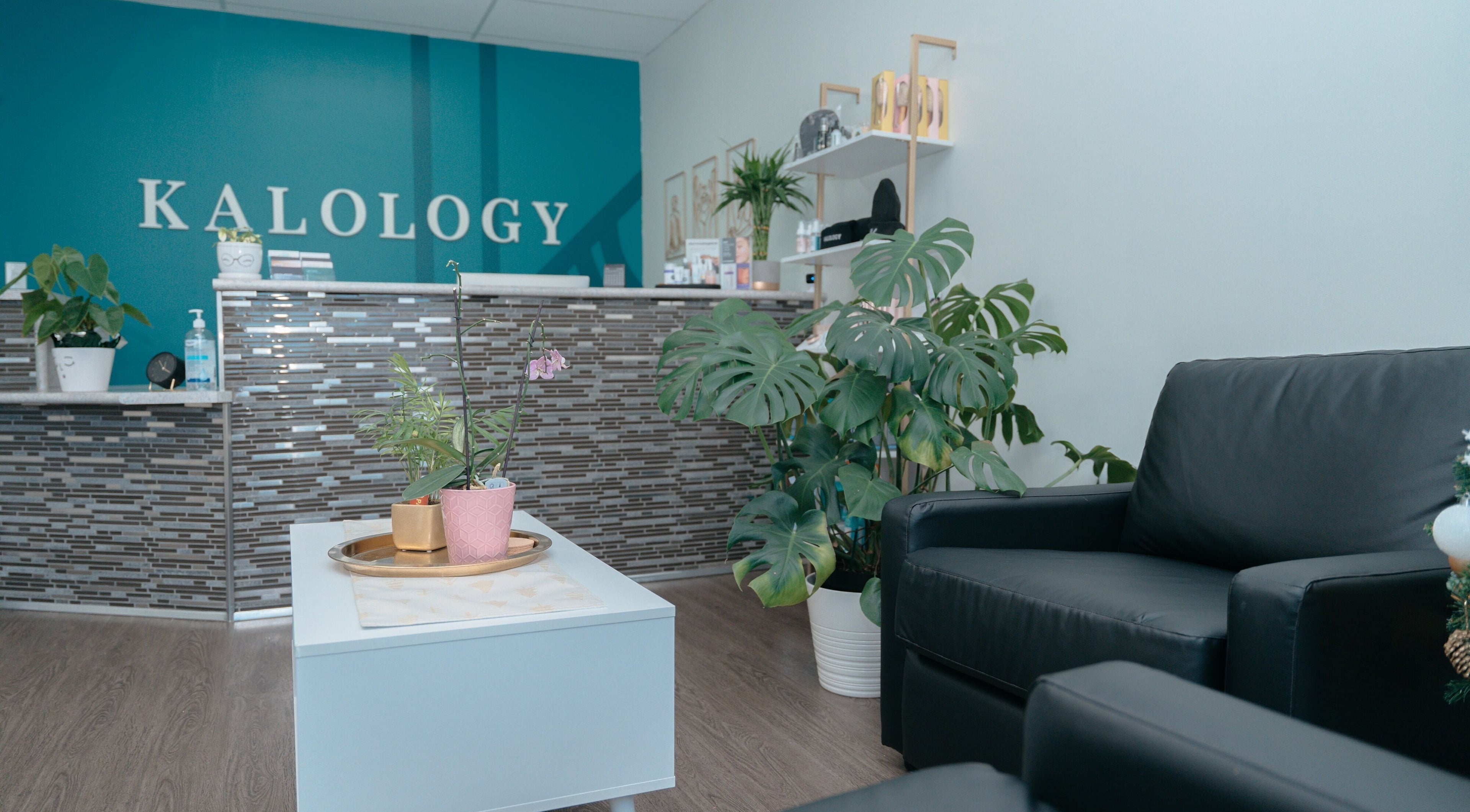 Cozy reception area at KALOLOGY, Winnipeg, Manitoba, CA, featuring modern decor and lush plants.