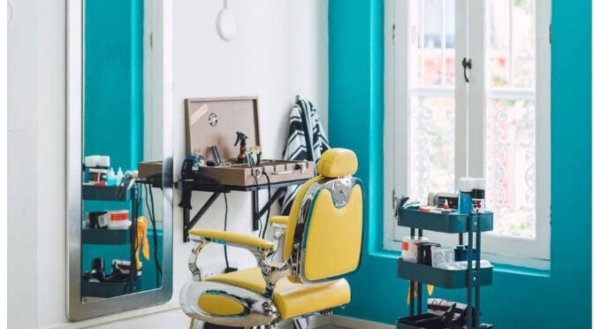 Stylish vintage salon chair and workspace at Bodeiga, Singapore, Singapore, SG blending classic and modern aesthetics.