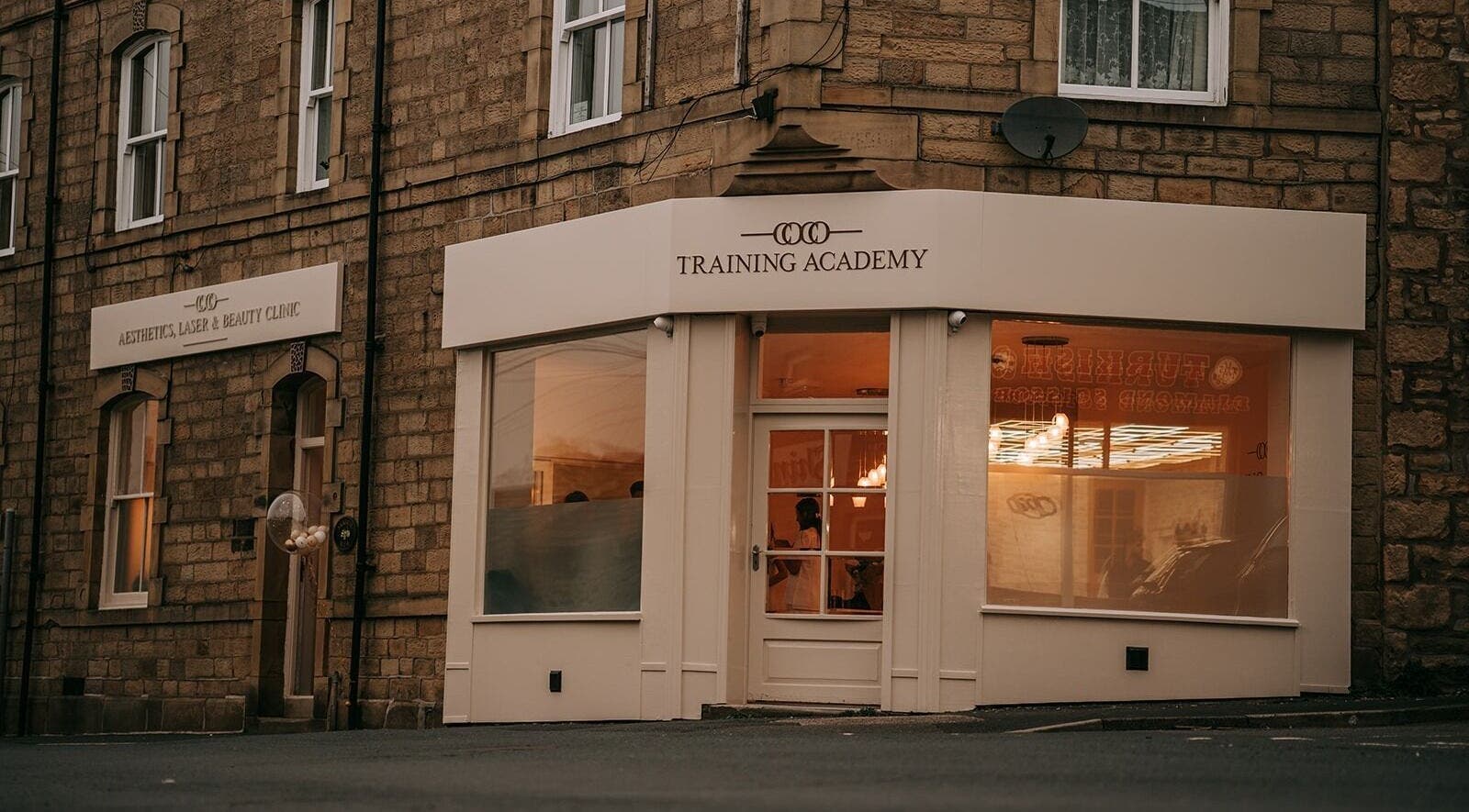 Elegant exterior of CoCo Aesthetics Laser and Beauty Clinic in Skipton, England, GB at dusk.