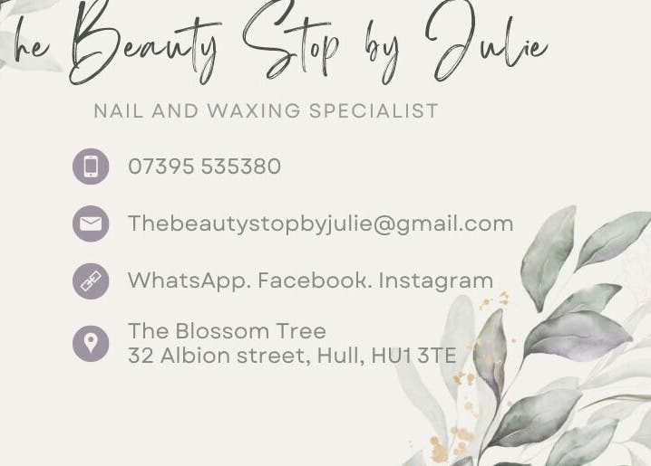 Elegant contact card for The Beauty Stop by Julie, Hull, England, GB, with contact details and floral design.