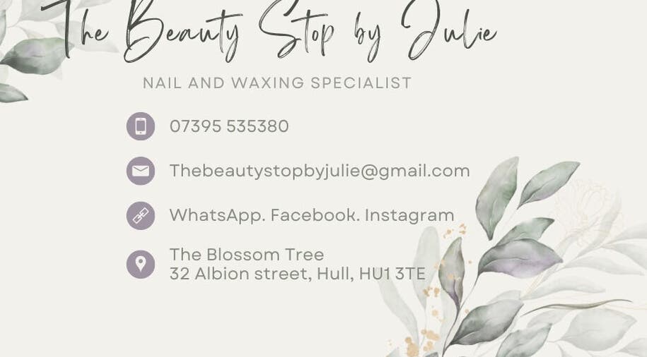Elegant contact card for The Beauty Stop by Julie, Hull, England, GB, with contact details and floral design.