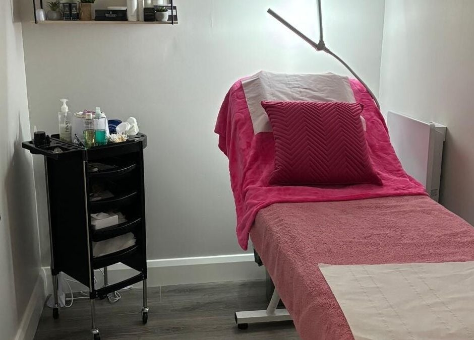 Treatment room with pink linens at Lisashealth&beauty, Clarinbridge, County Galway, IE.