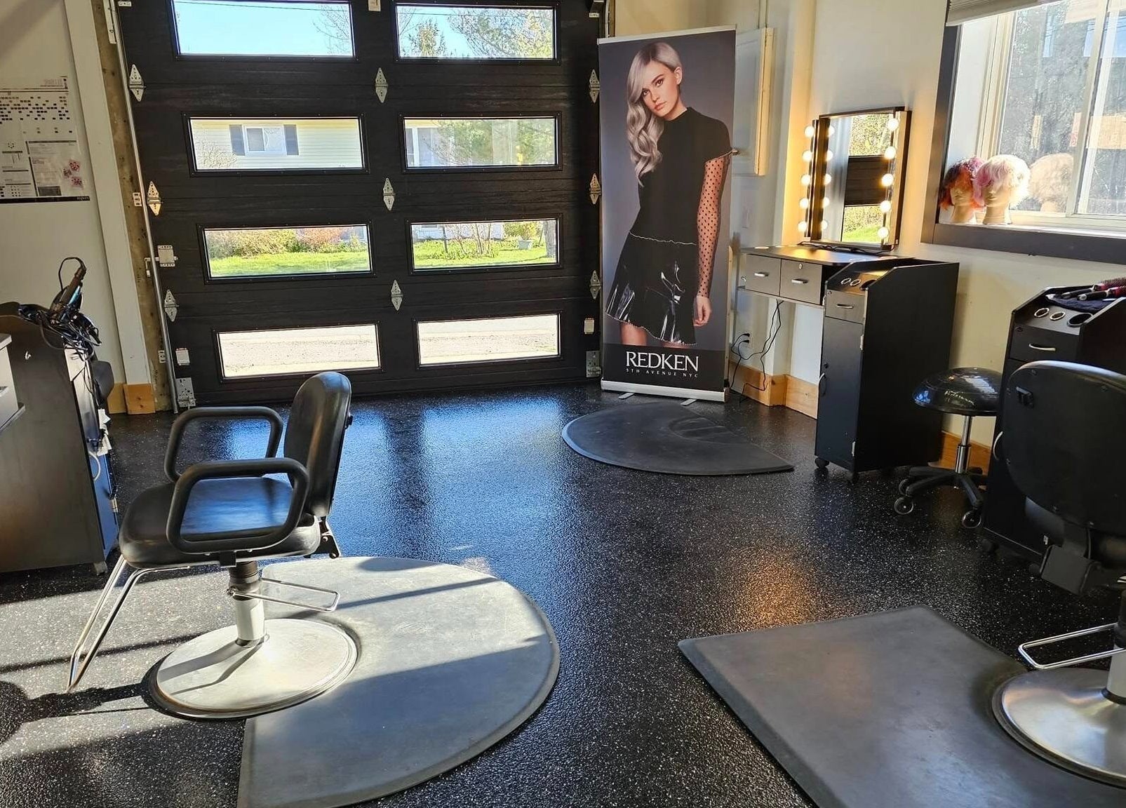 Modern salon interior at Abalone Retreat, Stewiacke, Nova Scotia, CA. Stylish, welcoming, and bright atmosphere.