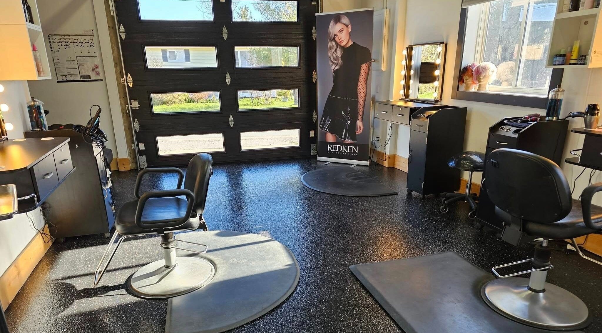 Modern salon interior at Abalone Retreat, Stewiacke, Nova Scotia, CA. Stylish, welcoming, and bright atmosphere.