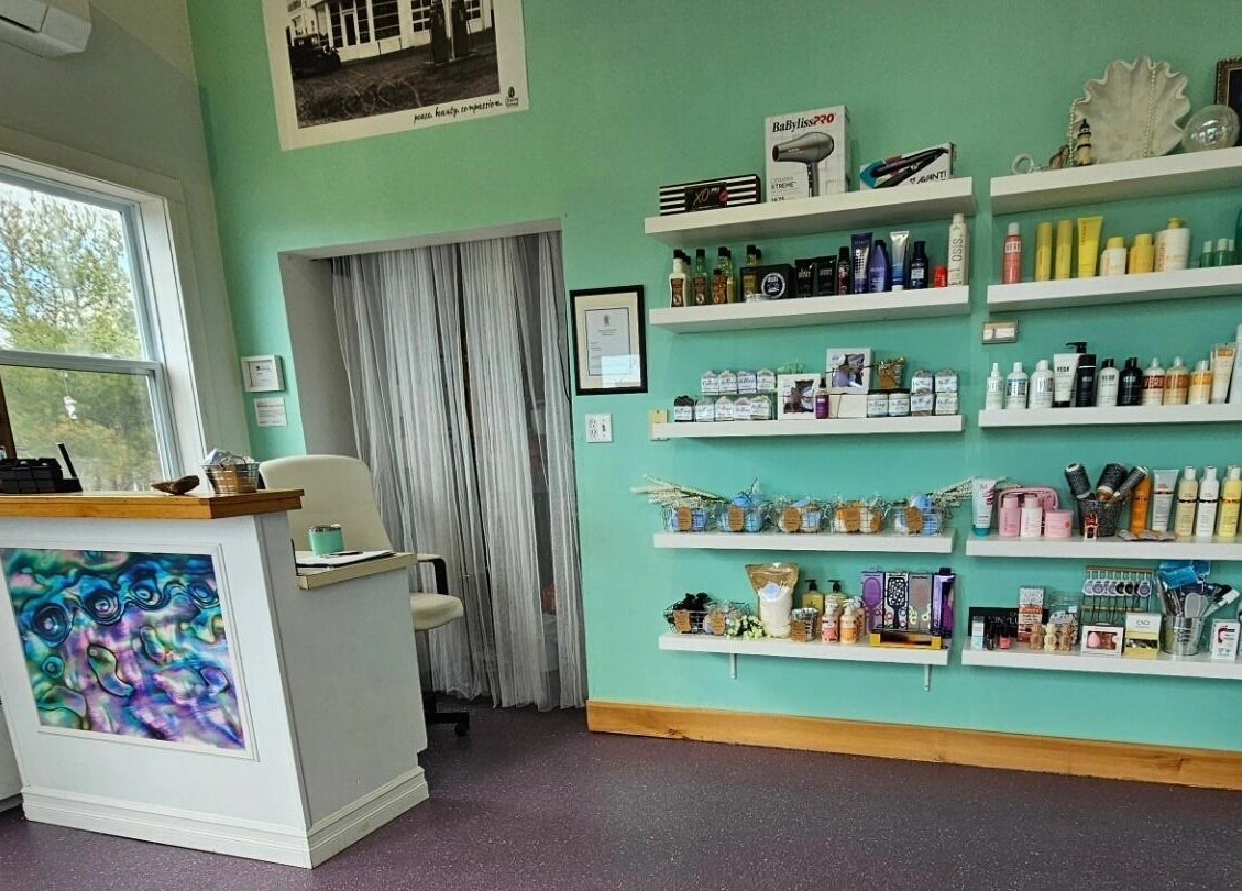 Reception area with vibrant products at Abalone Retreat, Stewiacke, Nova Scotia, CA.