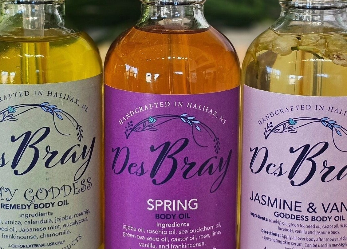 Trio of Des Bray body oils at Abalone Retreat, Stewiacke, Nova Scotia, CA.