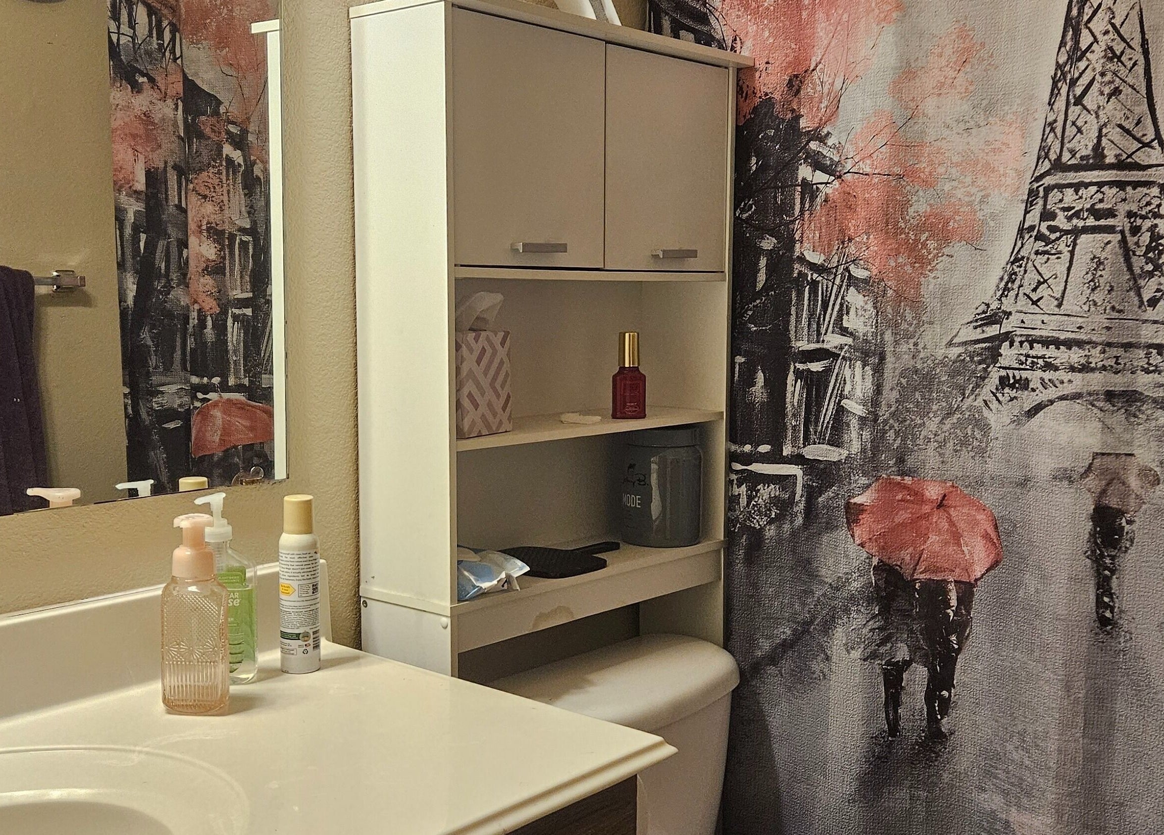 Elegant bathroom with Paris-themed decor at Adriana's Professional Body Sugaring in Keller, Texas, US.
