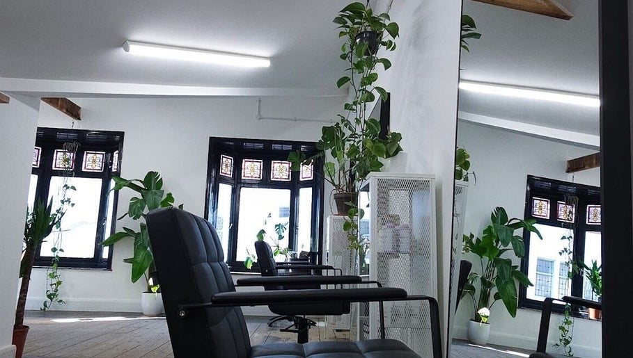 Bright, airy salon interior with plants at The Watt, Downham Market, England, GB.