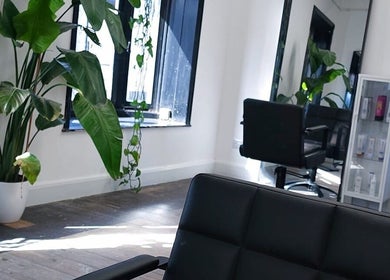 Modern salon chair and lush plant at The Watt, Downham Market, England, GB, showcasing sleek interiors.