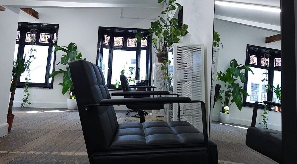 Modern salon interior at The Watt, Downham Market, England, GB, featuring sleek chairs and lush plants.