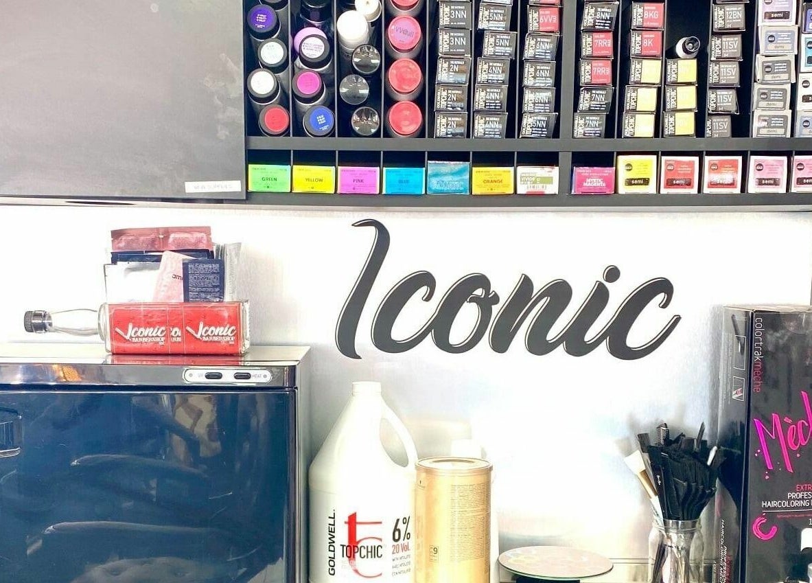 Interior shelves with hair products at Iconic Barbershop West Hollywood, California, US