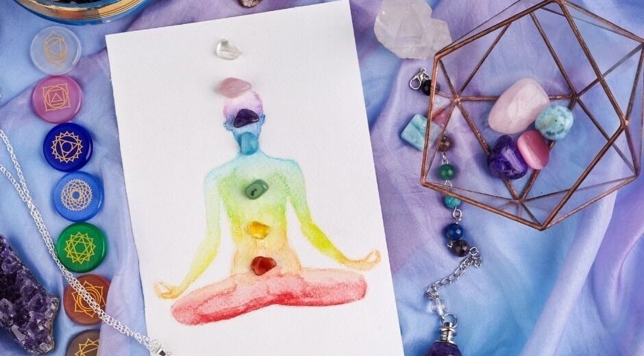 Chakra artwork with crystals at HolisticTreats, StillPoint Therapy Centre, London EC2M 4RH, London, England, GB.