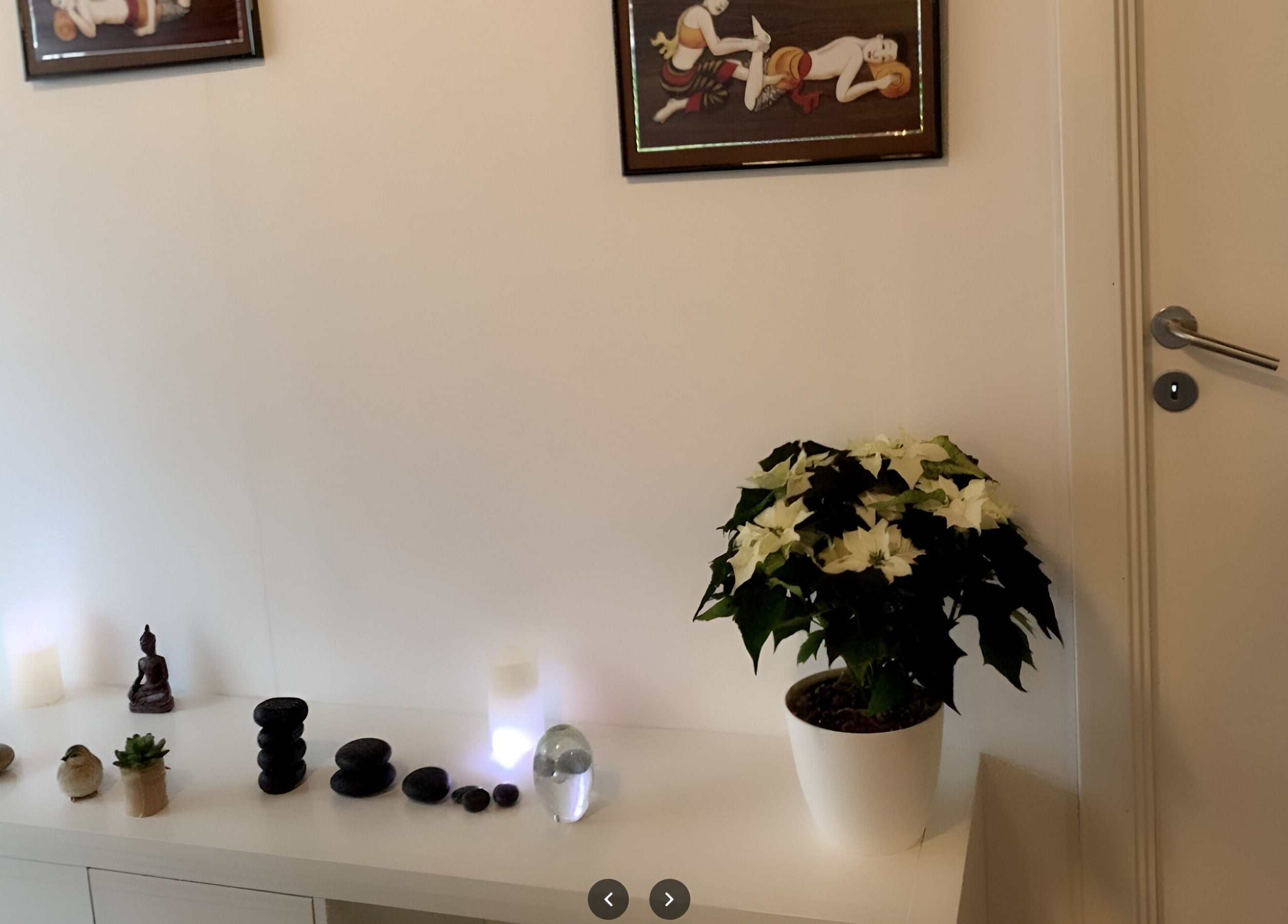 Indretning med planter og figurer hos Patty Wellness Thai Massage, Skanderborg, DK.