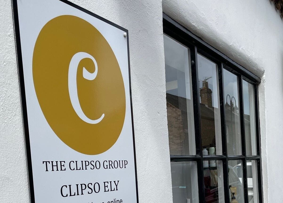 Exterior view of Clip’so Ely beauty salon in Ely, England, GB, showcasing the elegant salon sign.