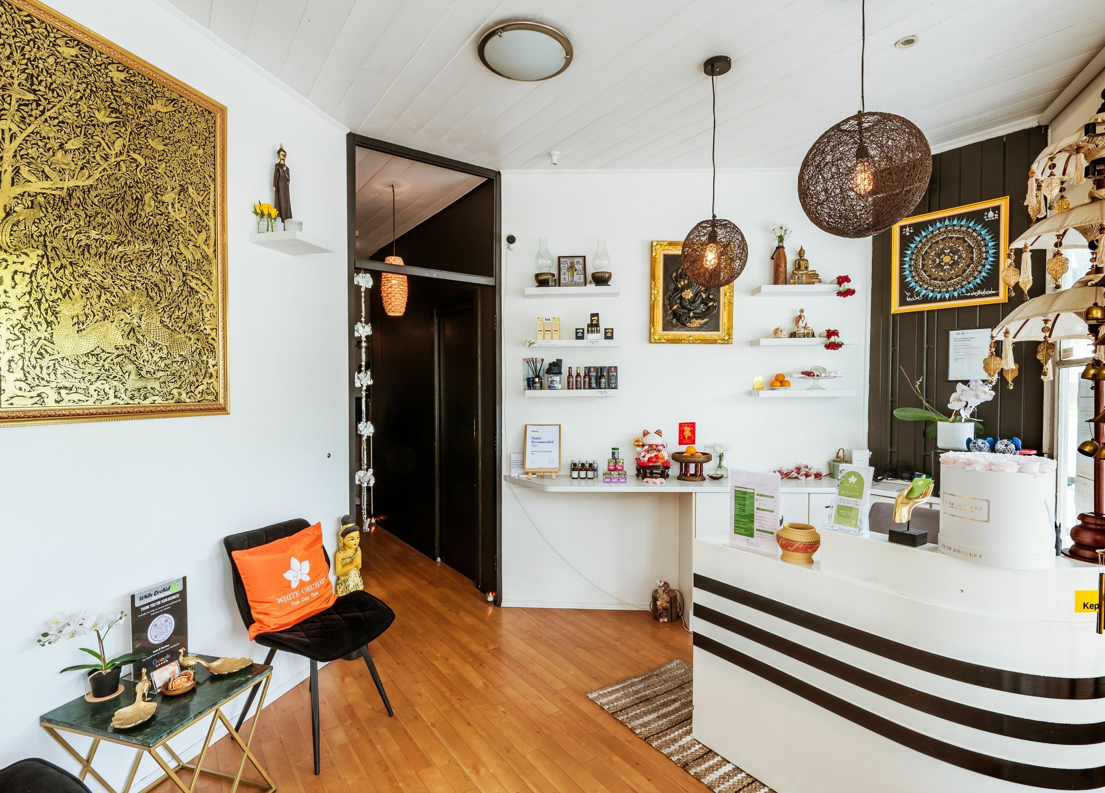 Reception of White Orchid Thai Day Spa (Toowong) with elegant decor in Toowong, Queensland, AU.