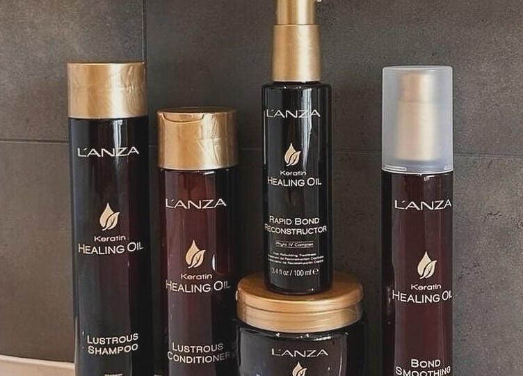 L'anza Keratin Healing Oil products displayed at Cut of Class, Carman, Manitoba, CA.