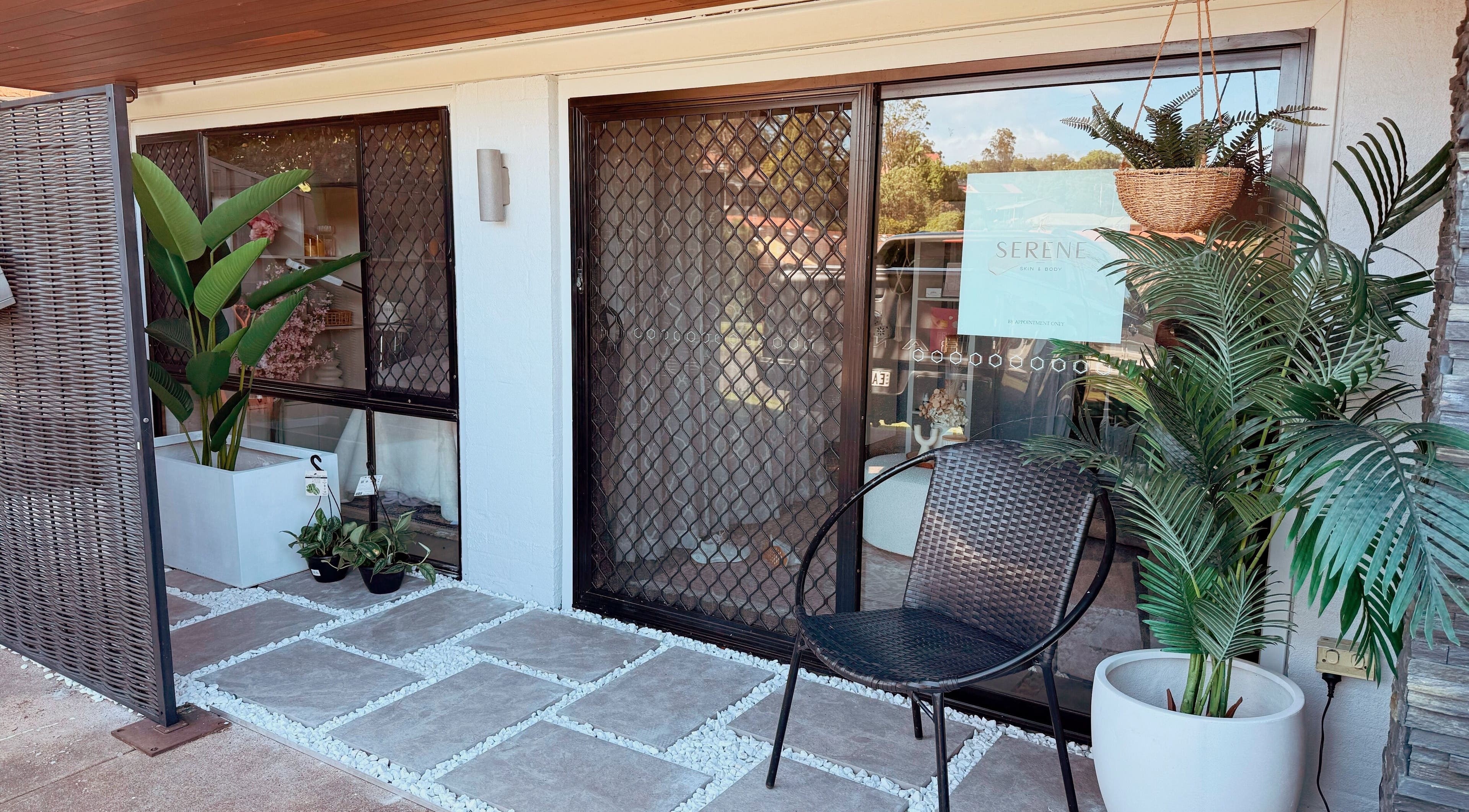 Serene Skin & Body entrance with lush plants in Mount Hutton, New South Wales, AU.