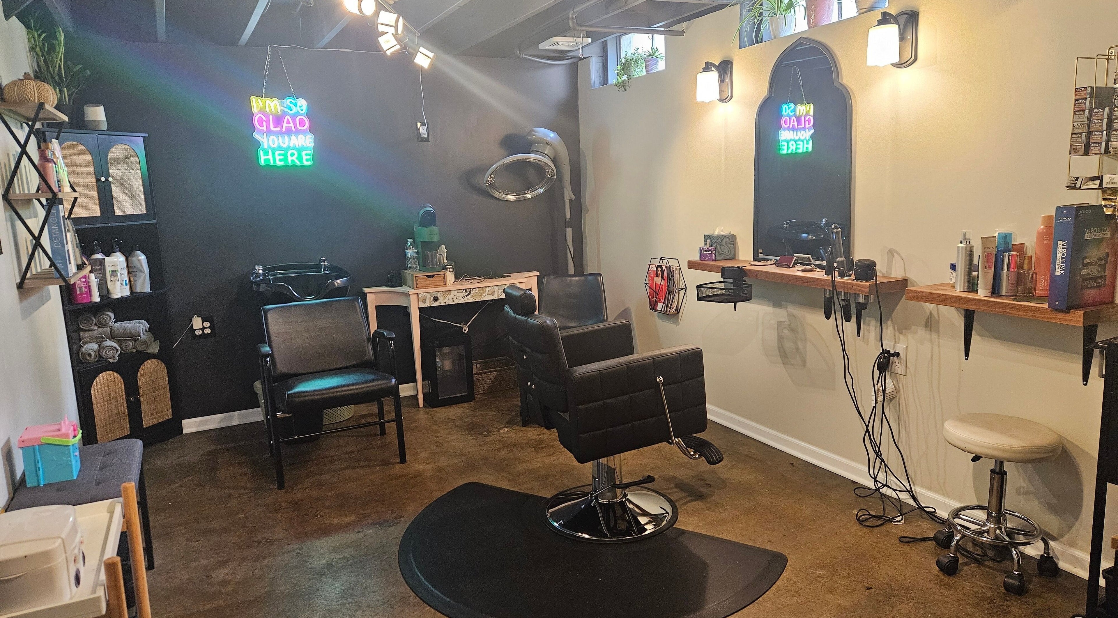 Modern salon interior at SR Hair+Skin Services, Homer Glen, Illinois, US, featuring stylish chairs and equipment.