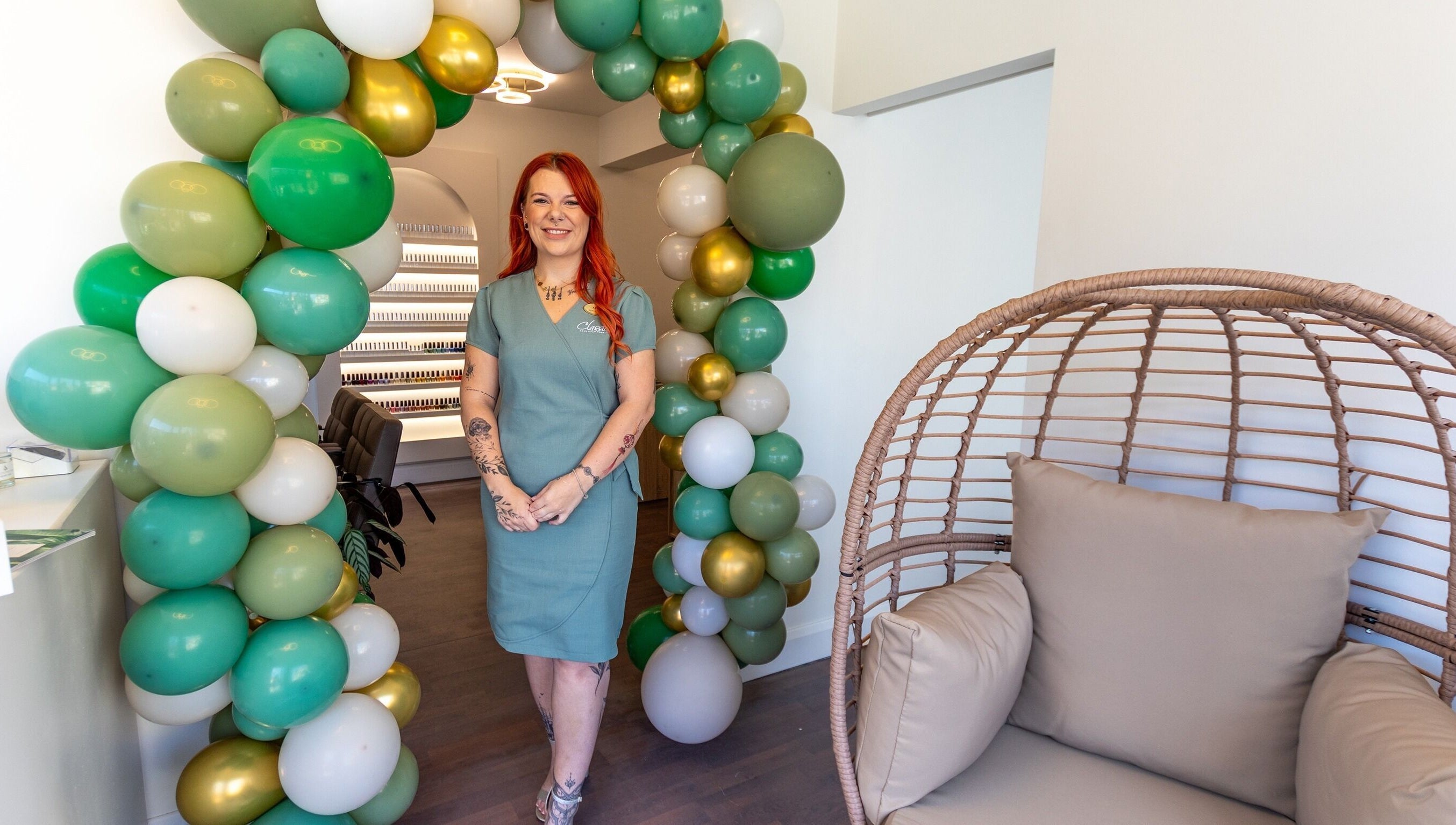 Entrance with balloons at Classic Beauty Boutique, Bournemouth, England, GB.