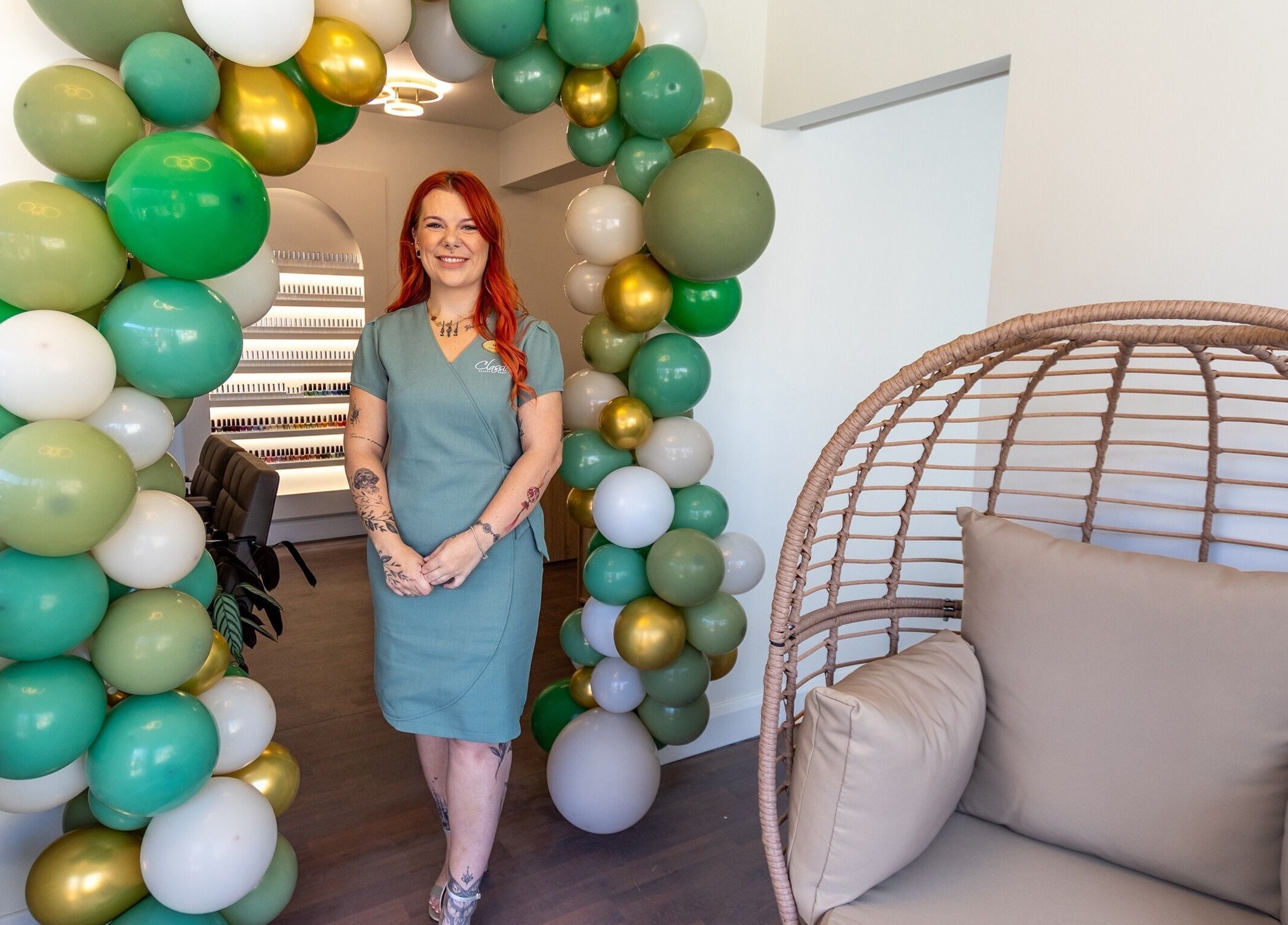 Entrance with balloons at Classic Beauty Boutique, Bournemouth, England, GB.