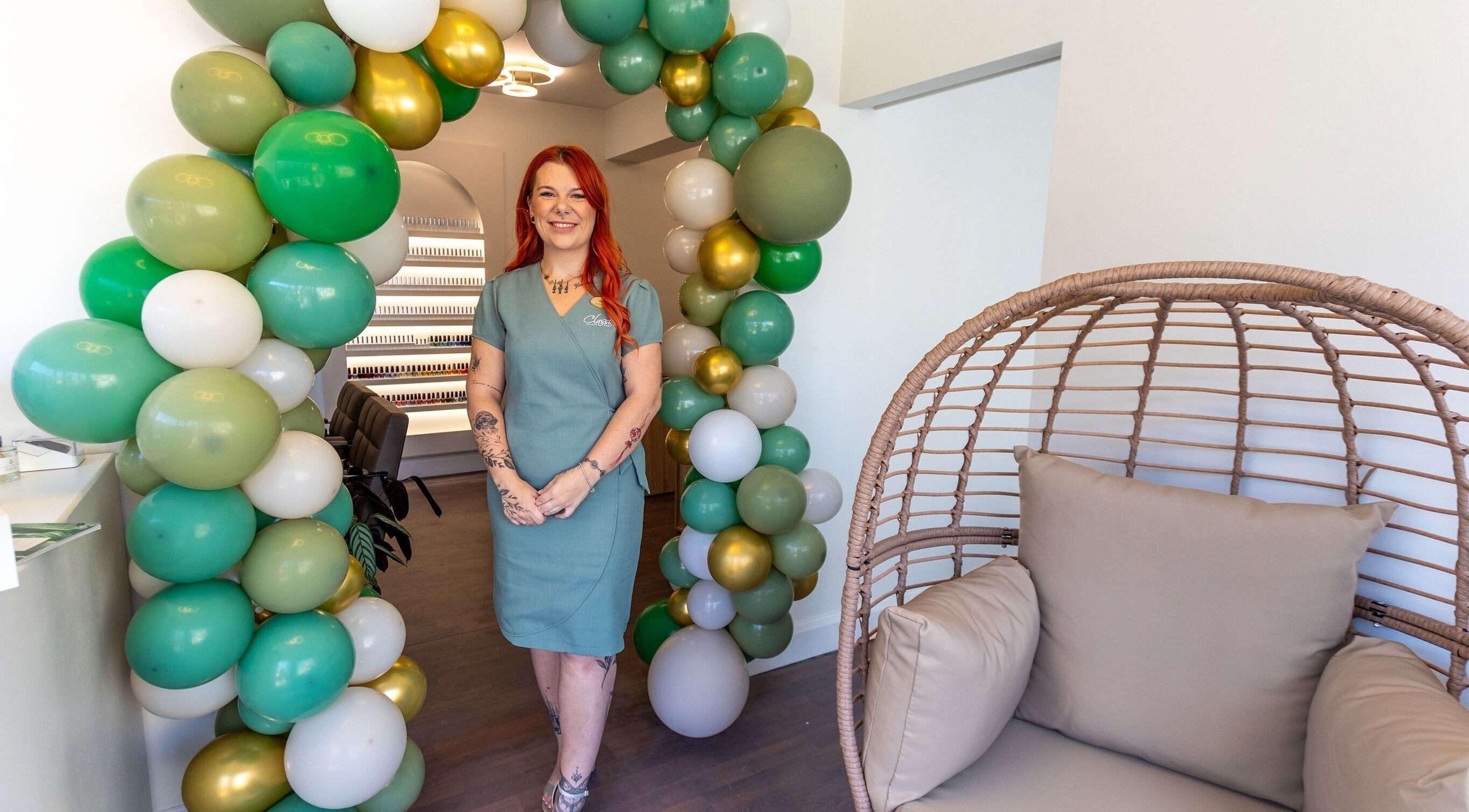 Entrance with balloons at Classic Beauty Boutique, Bournemouth, England, GB.