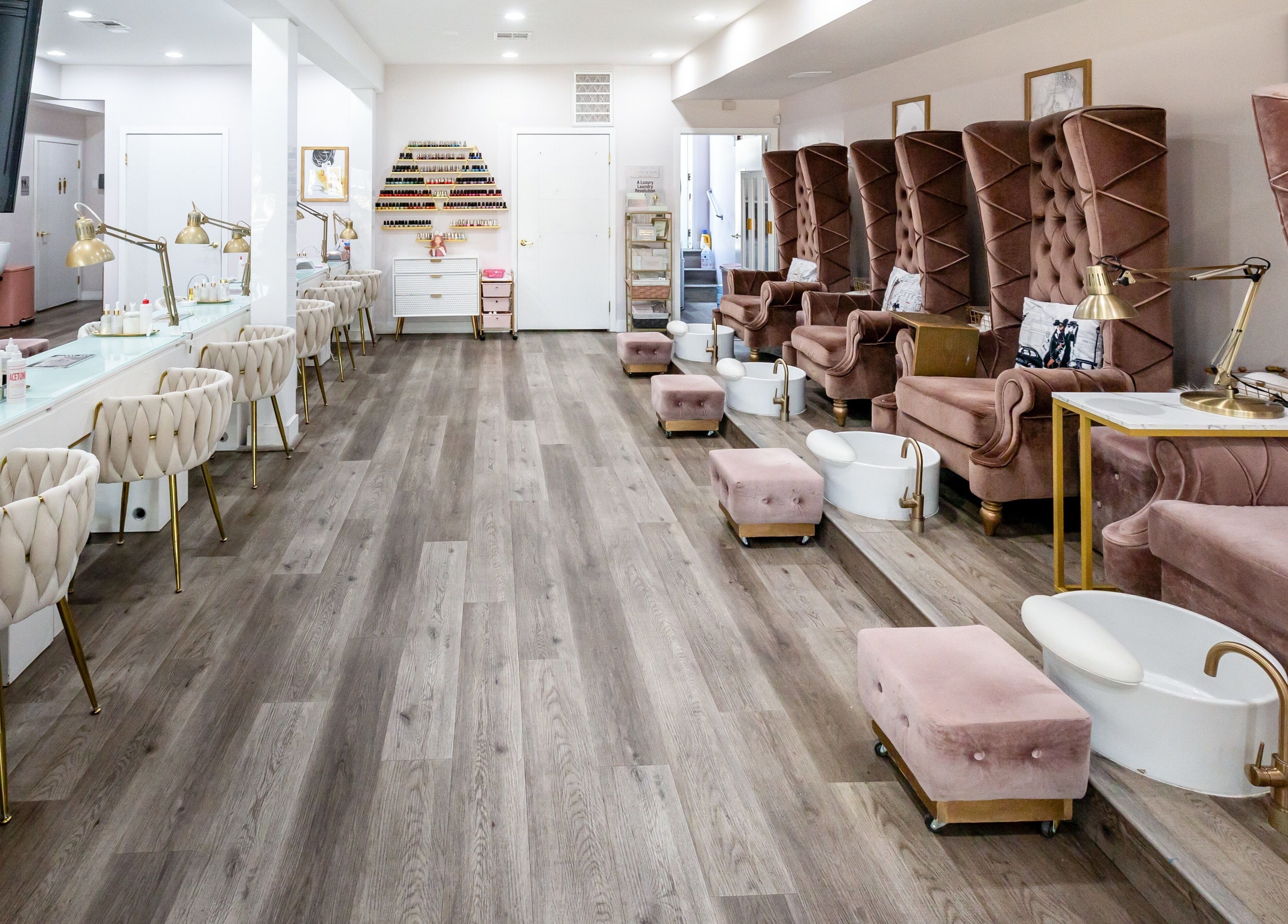 Elegant interior of Queen B Nail Salon in Glendale, California, US with plush seating and chic decor.