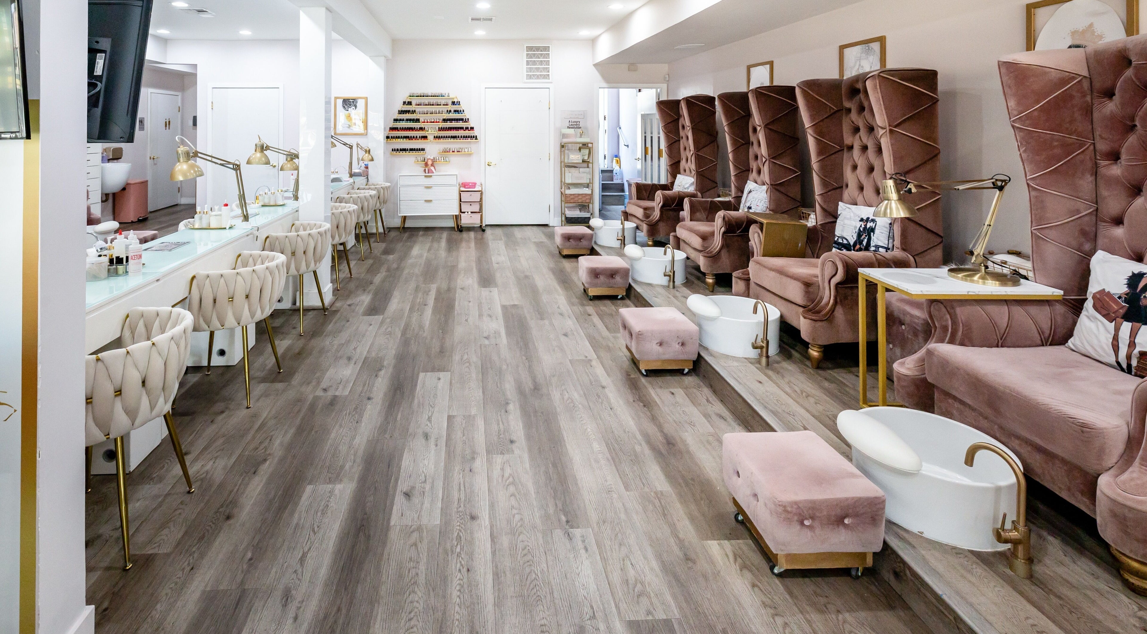 Elegant interior of Queen B Nail Salon in Glendale, California, US with plush seating and chic decor.
