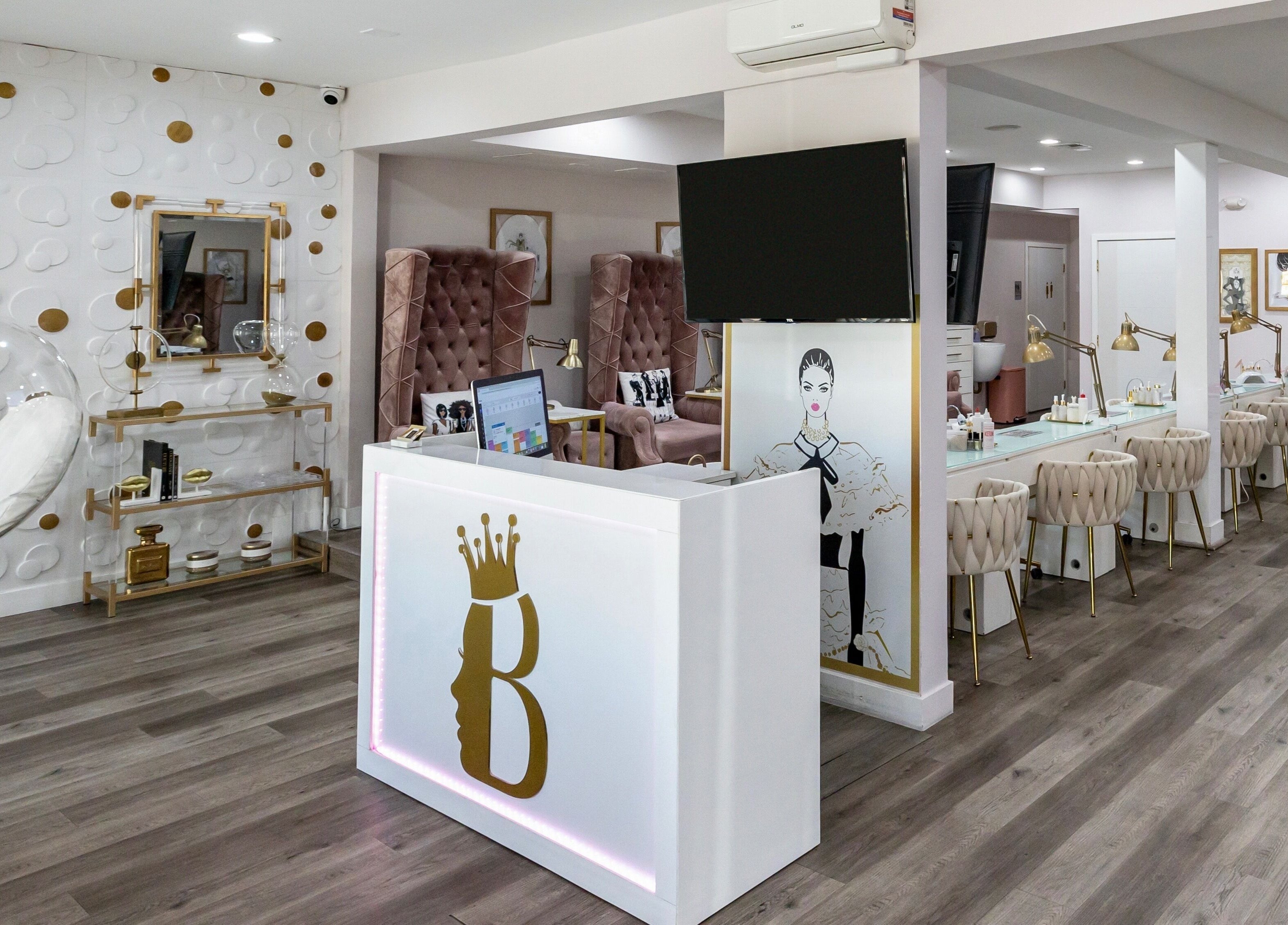 Chic interior of Queen B Nail Salon in Glendale, California, US showcasing a modern, inviting nail spa.