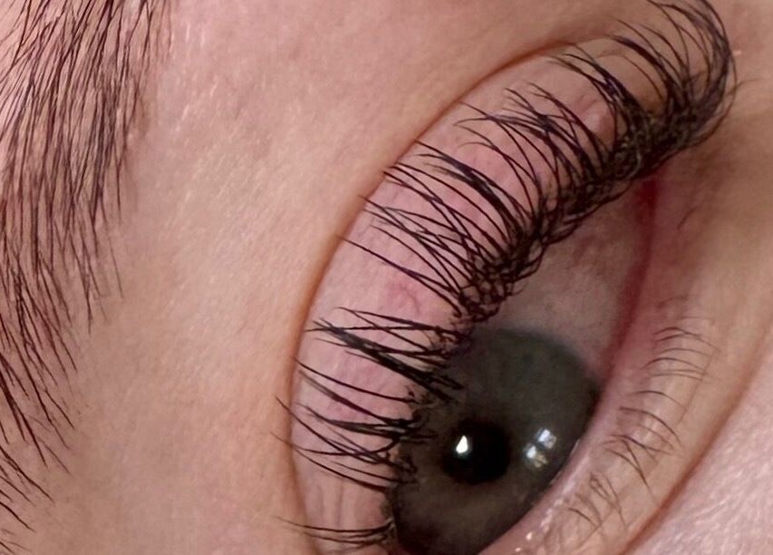 Close-up of lash lift treatment at Lashes and Lasering, Poringland, England, GB showcasing elegant, curled lashes.
