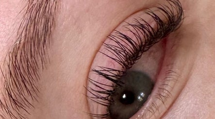Close-up of lash lift treatment at Lashes and Lasering, Poringland, England, GB showcasing elegant, curled lashes.