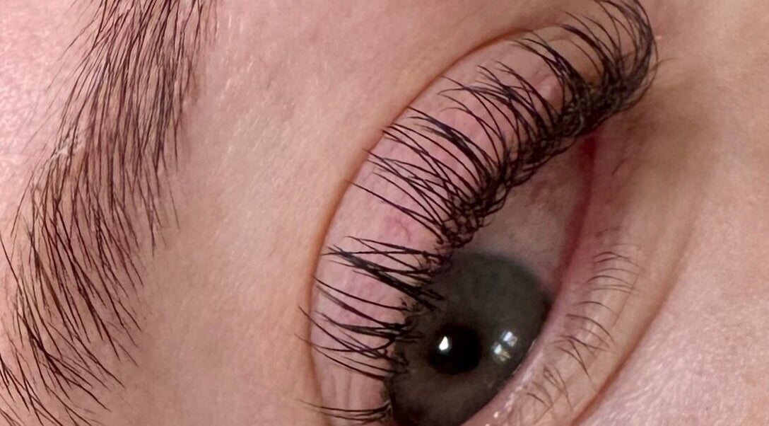 Close-up of lash lift treatment at Lashes and Lasering, Poringland, England, GB showcasing elegant, curled lashes.
