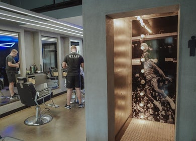 Stylish barbershop at Old County Clondalkin, Dublin, County Dublin, IE, with contemporary decor and mirrors.