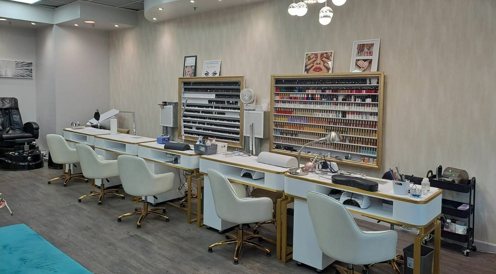 Elegant nail salon at Cover Beauty - Metrocentre, Metrocentre, England, GB, showcasing luxurious white nail stations.