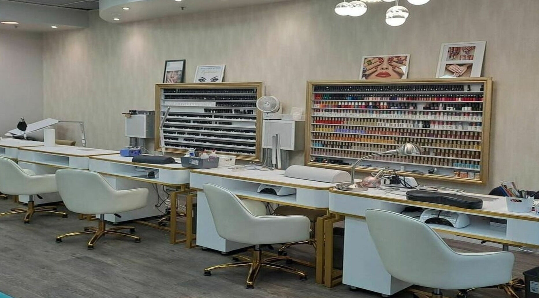 Modern nail bar at Cover Beauty - Washington, featuring elegant decor and extensive nail polish selection, Washington, England, GB.