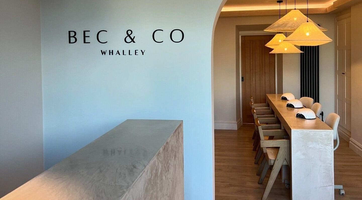 Chic and modern interior of Bec & Co, a beauty venue in Whalley, England, featuring a minimalist design.