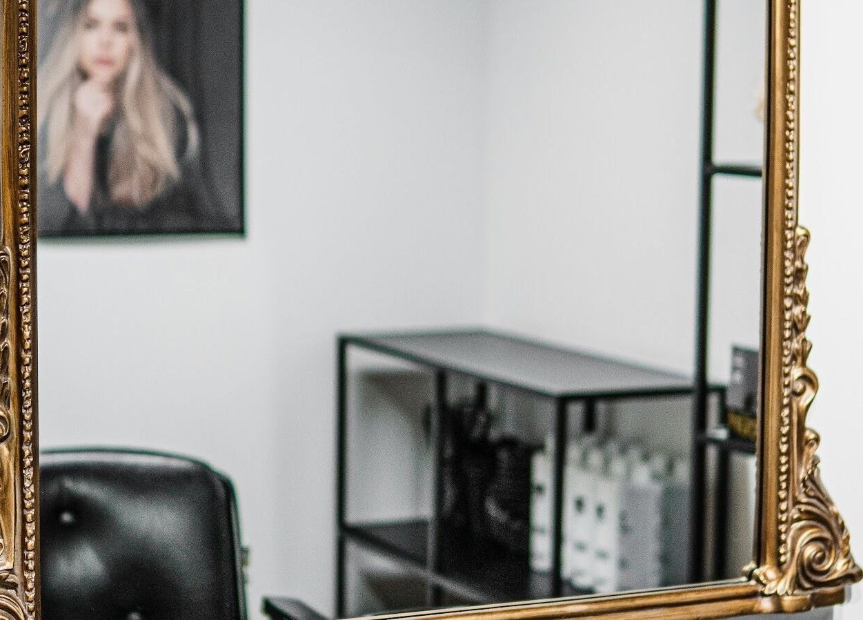 Elegant mirror and salon decor at Karen Giesbrecht Salon, Winkler, Manitoba, CA.