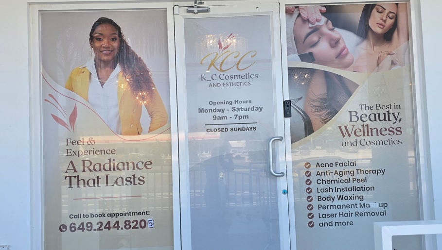 Entrance of Kc Cosmetics & Esthetics LTD in Leeward Highway, Caicos Islands, TC, showcasing services and hours.
