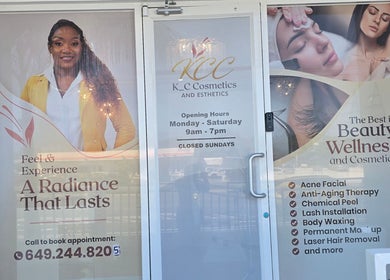 Entrance of Kc Cosmetics & Esthetics LTD in Leeward Highway, Caicos Islands, TC, showcasing services and hours.