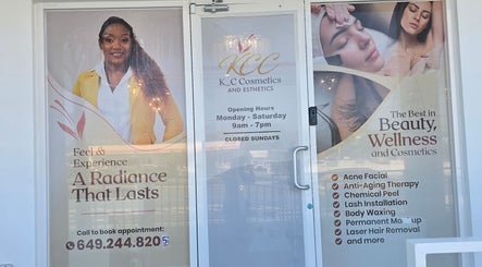 Entrance of Kc Cosmetics & Esthetics LTD in Leeward Highway, Caicos Islands, TC, showcasing services and hours.
