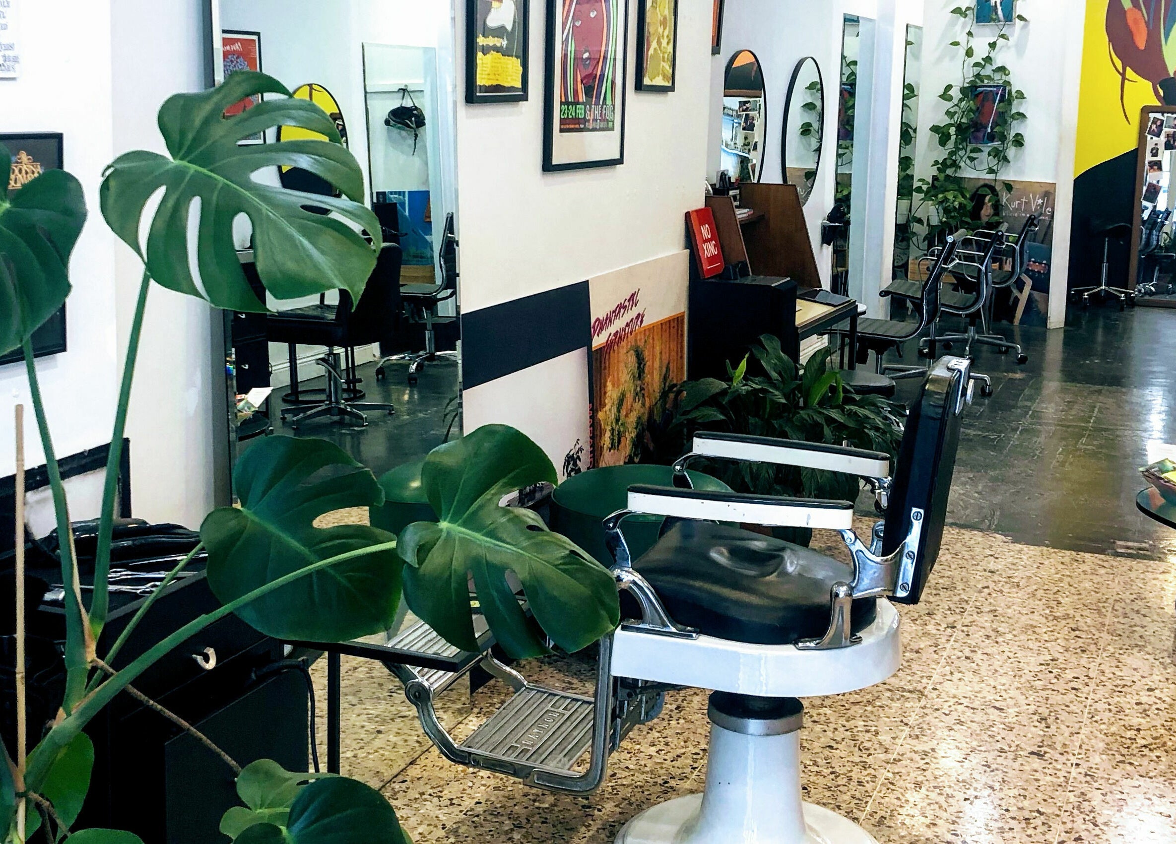 Stylish interior of Paradise Cutters, Melbourne, Victoria, AU, featuring modern chairs and lush plants.