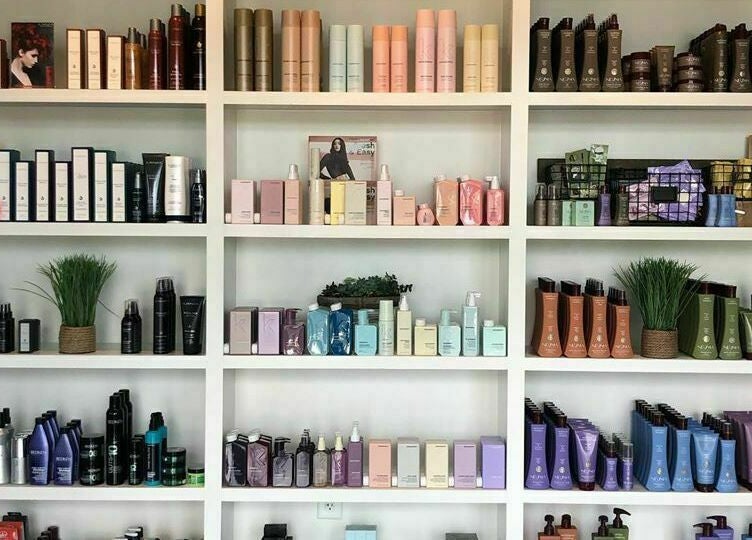 Stylish beauty products on display at Cheveux Salon, Hendersonville, Tennessee, US.