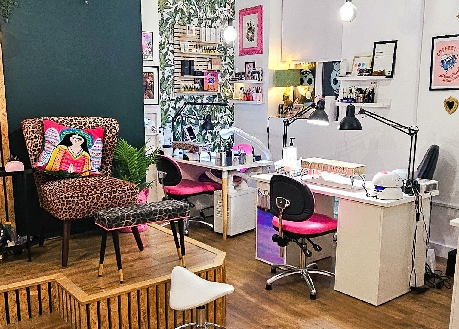 Stylish interior of Offbeat Beauty Collective, Sheffield, England, GB showcasing vibrant decor and beauty stations.