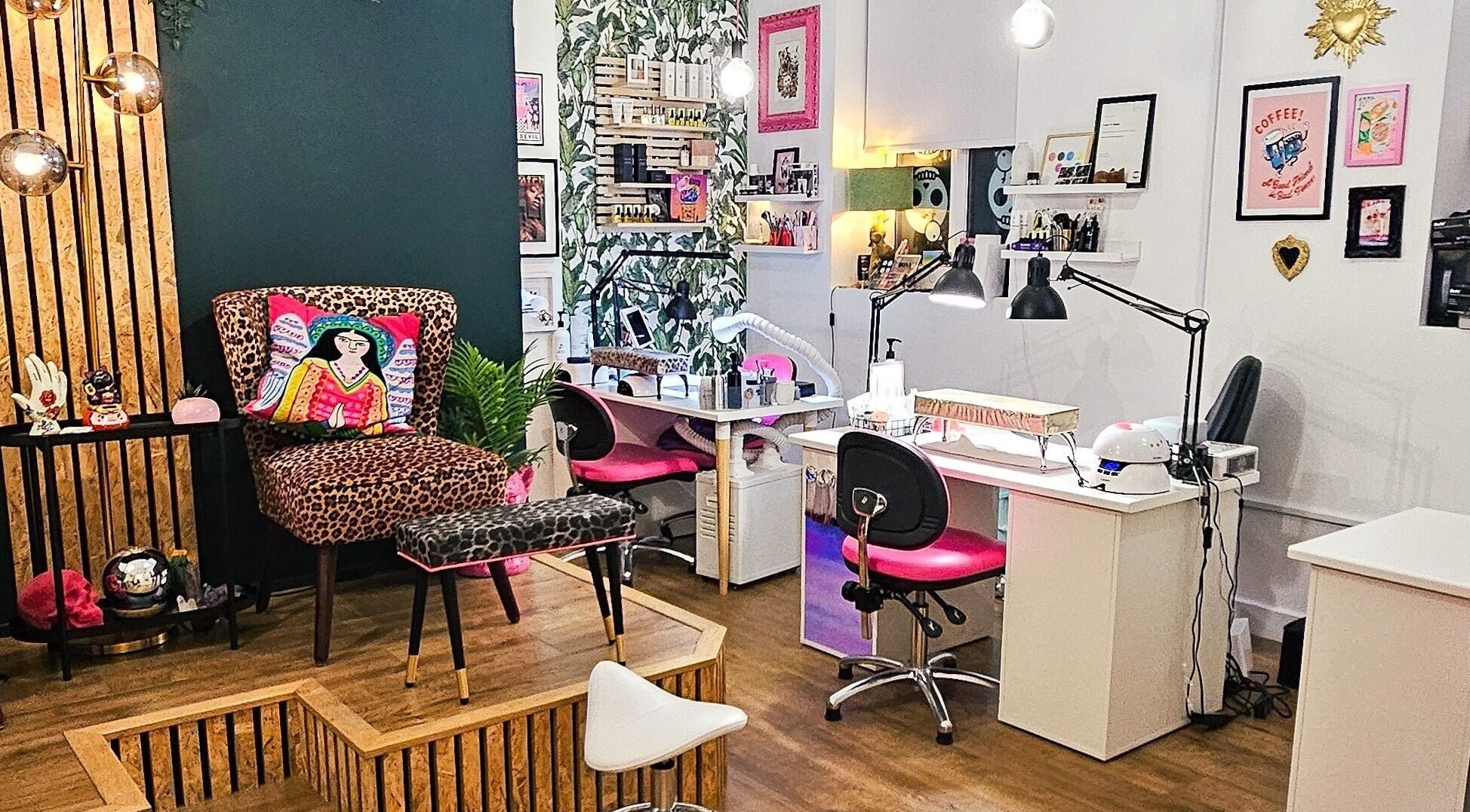 Stylish interior of Offbeat Beauty Collective, Sheffield, England, GB showcasing vibrant decor and beauty stations.