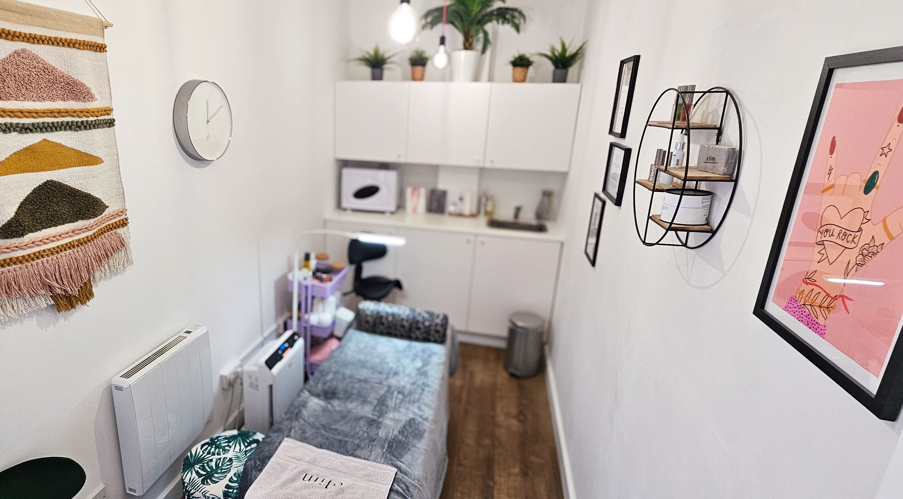 Calming treatment room at Offbeat Beauty Collective, Sheffield, England, GB with modern decor and serene vibes.