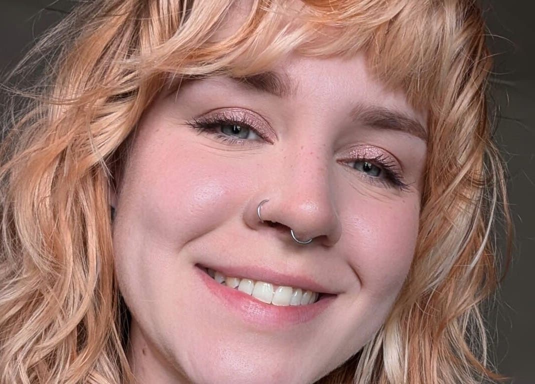 Happy customer with styled hair at Offbeat Beauty Collective, Sheffield, England, GB.