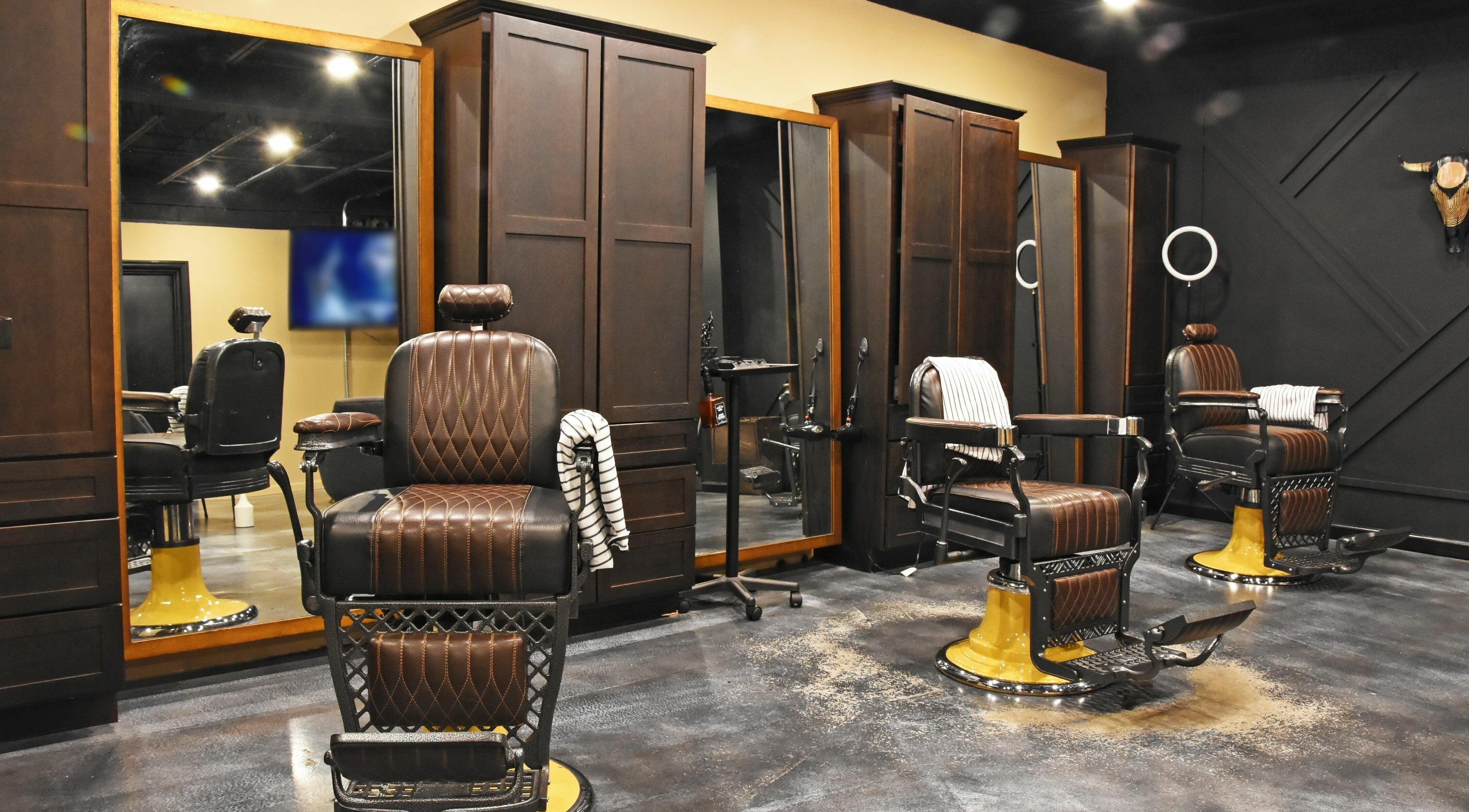 Elegant barber chairs at Hendersonville Barbers in Hendersonville, Tennessee, US, showcasing a classic interior.